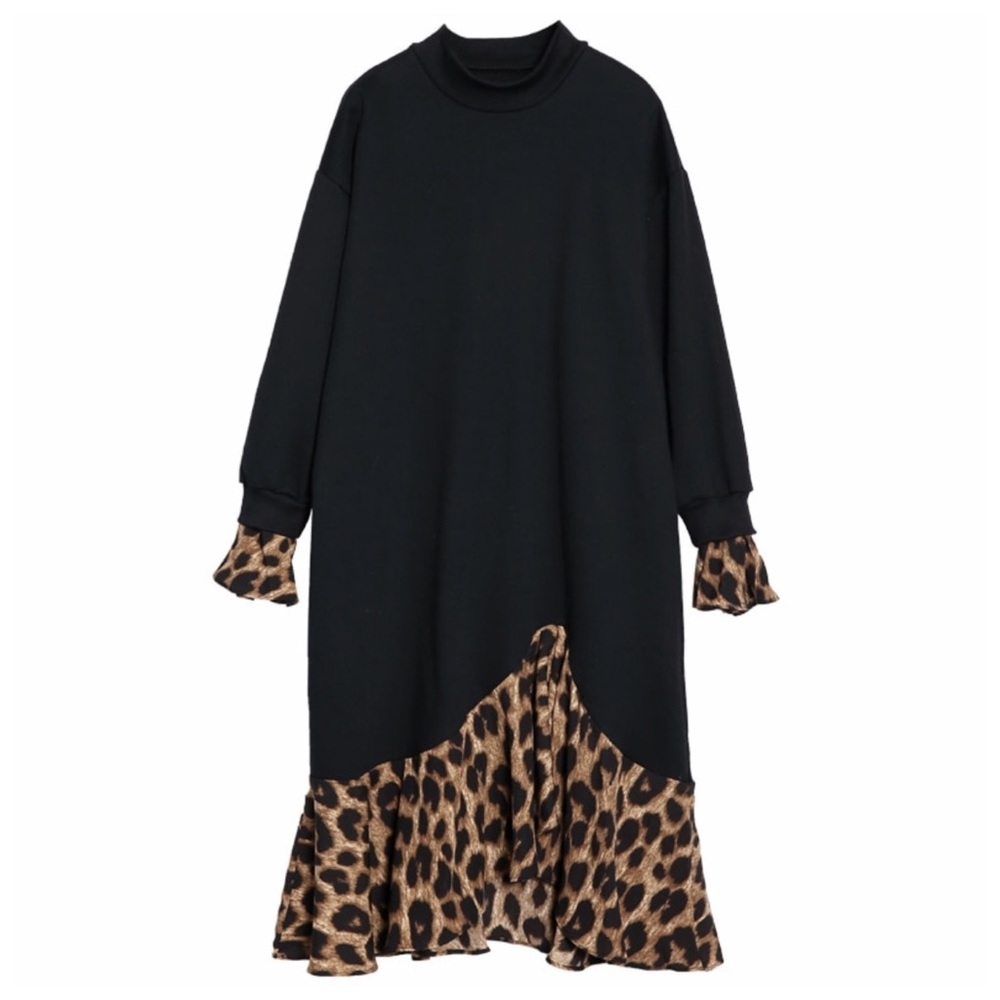 Black Leopard Ruffle Oversize Dress C67 - Picture 4 of 6